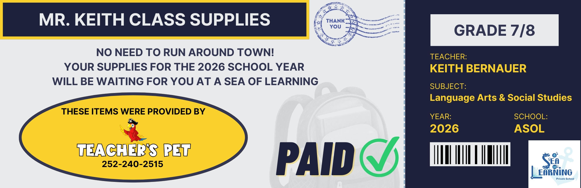 Mr. Keith 2026 School Supply List