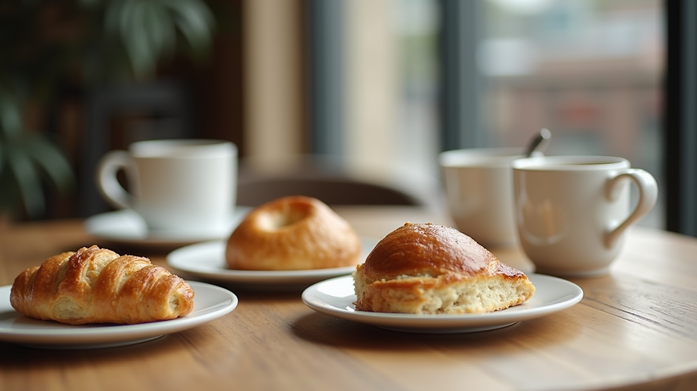Close-up view of a coffee break table with assorted pastries and coffee cups