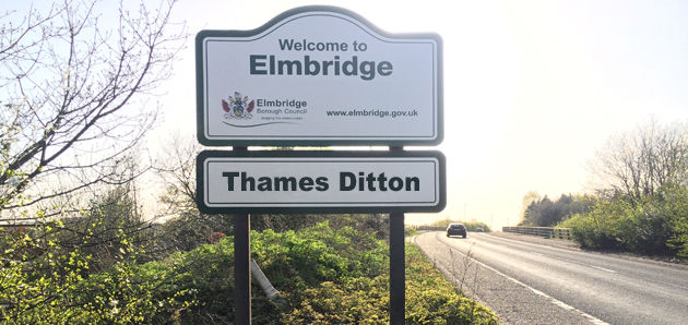 A road sign for Elmbridge in Thames Ditton