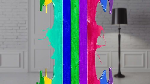 Colors for painting. Blue, Green, Purple, Red, and light blue.