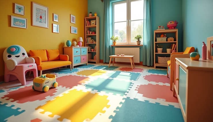 High angle view of a colorful playroom with toys and child-friendly furniture