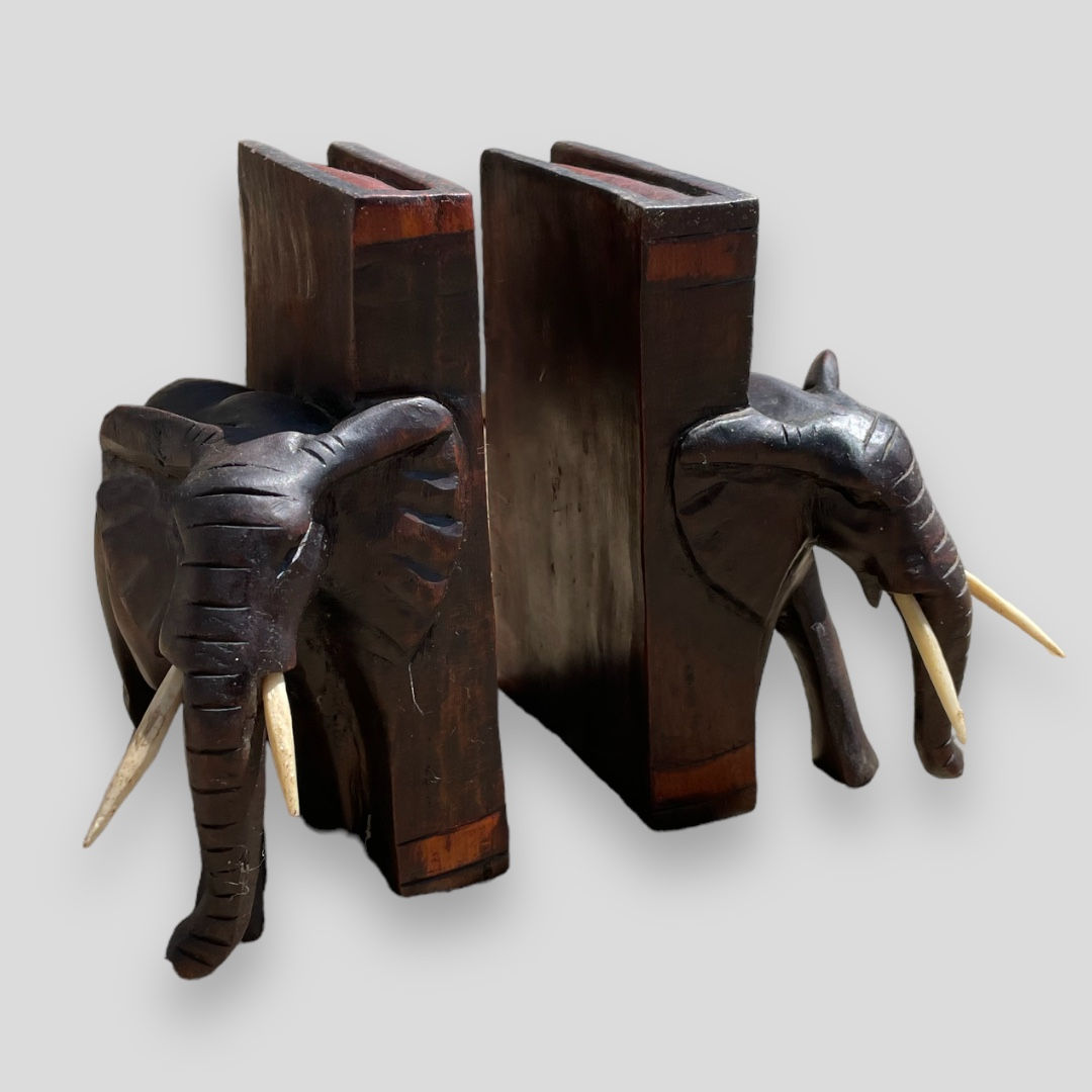 Mid-Century Asian Elephant Hand-Carved Wooden Bookends