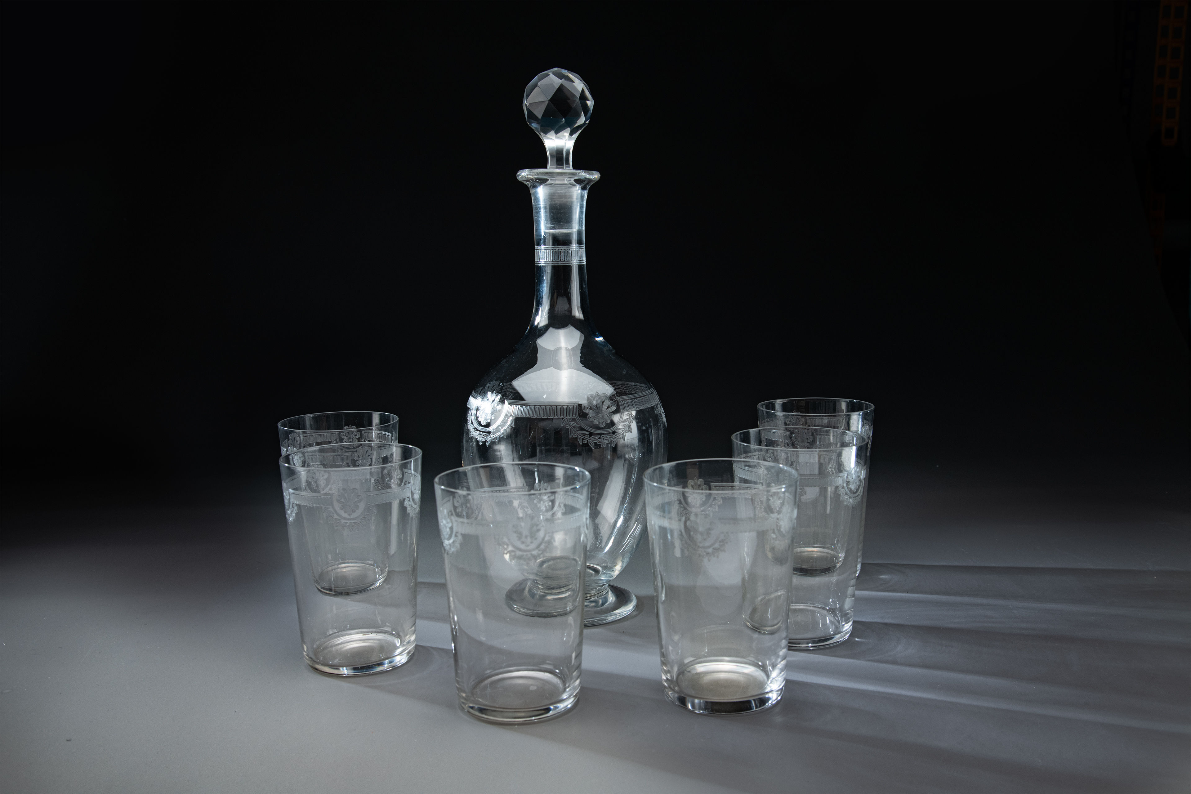 Saint Louis-Style Cut Glass Decanter with 6  Matching Short Tumblers