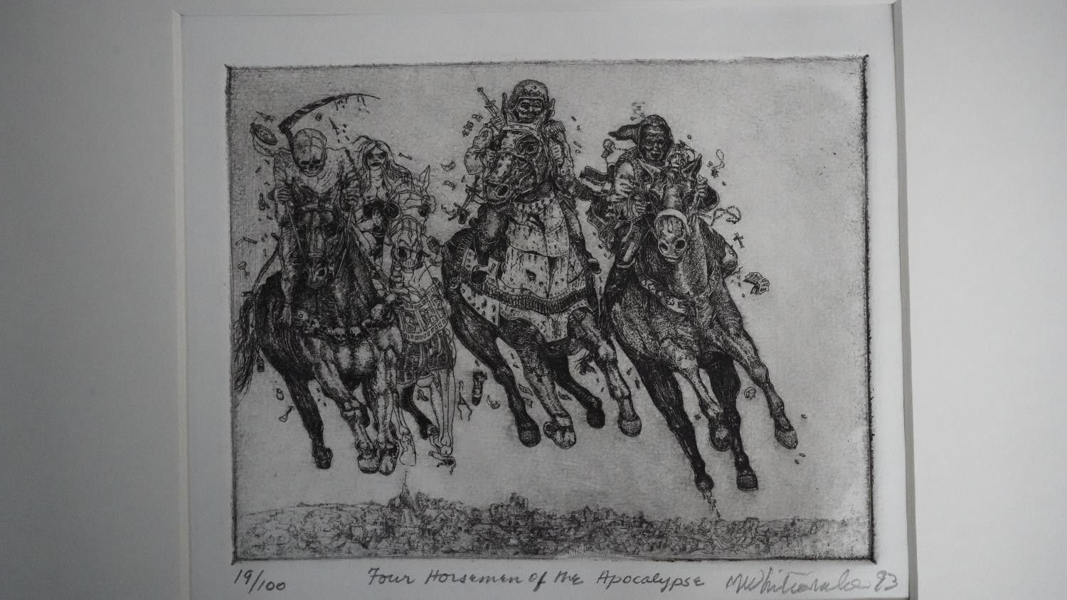 An Etching of the Four Horseman of the Apocalypse, signed Mark Whitcombe, 1993