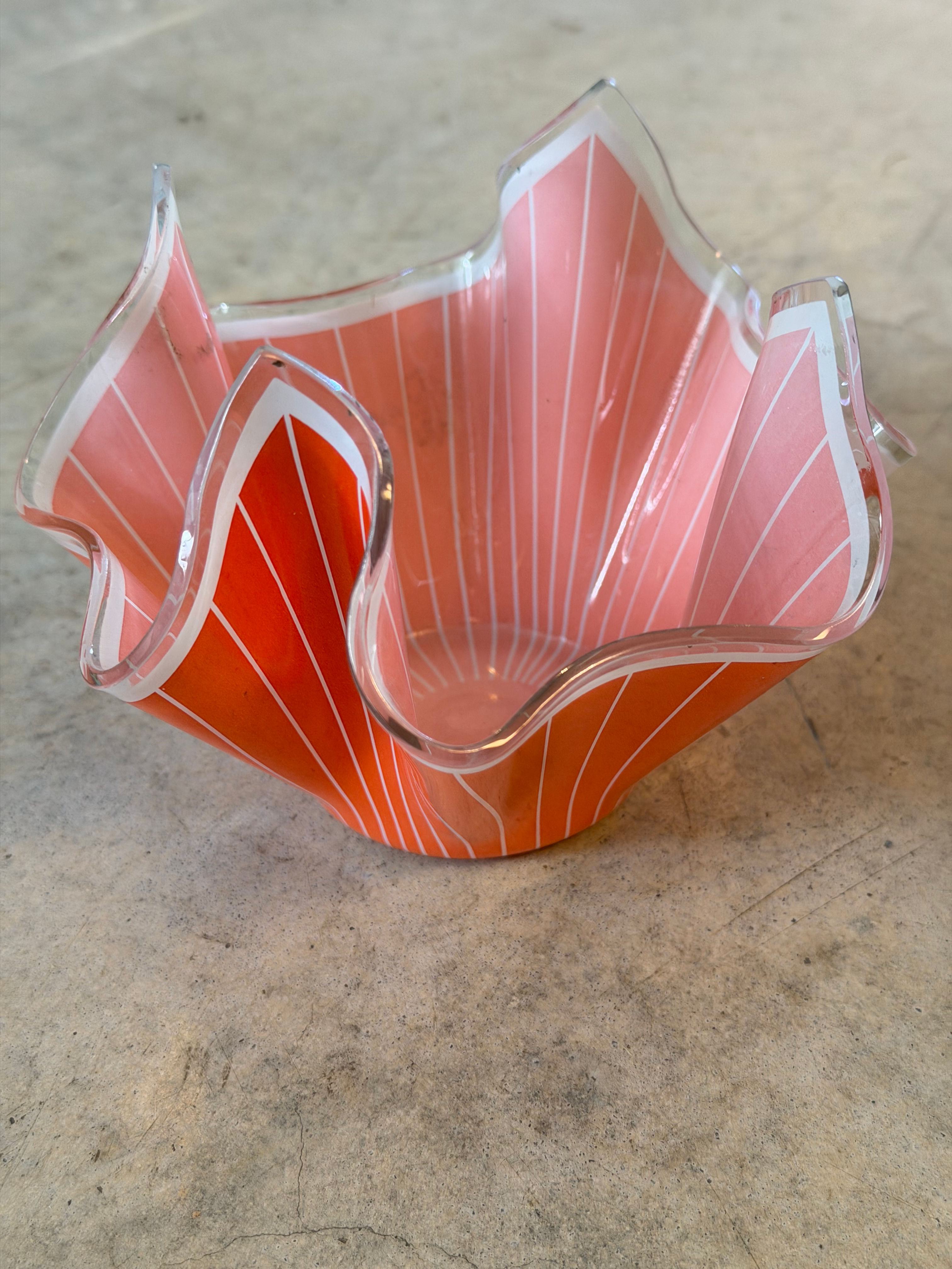Vintage Coral Orange Studio Art Glass Handkerchief Bowl with Internal White Thre