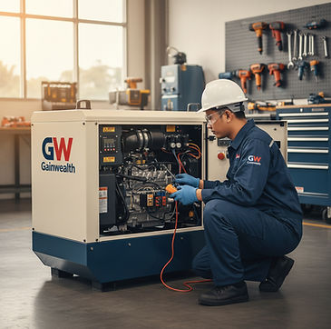 Photorealistic Malaysian technician repairing a box-type diesel genset same as an 25kva Ai
