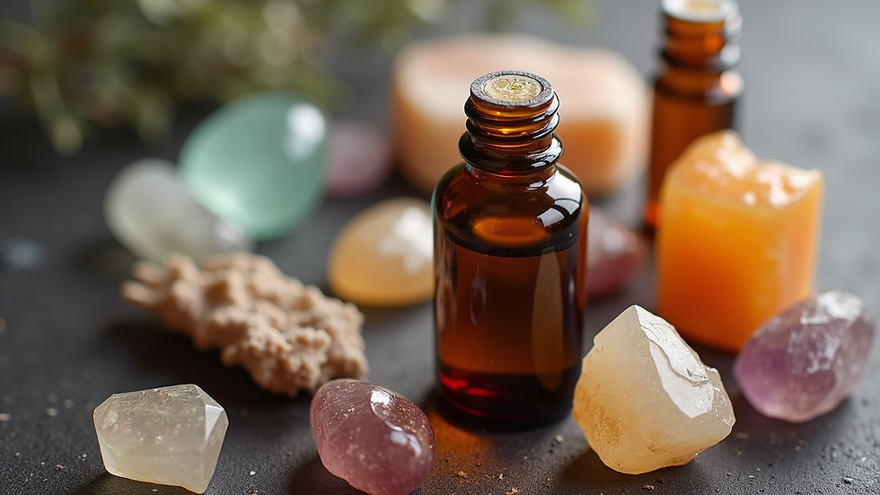High angle view of essential oils alongside various healing crystals