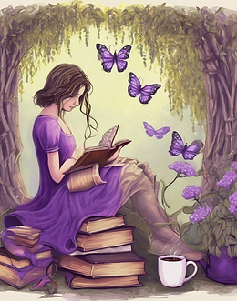 Illustration of a woman reading on a stack of books with purple butterflies and flowers around her, symbolizing imagination and serenity