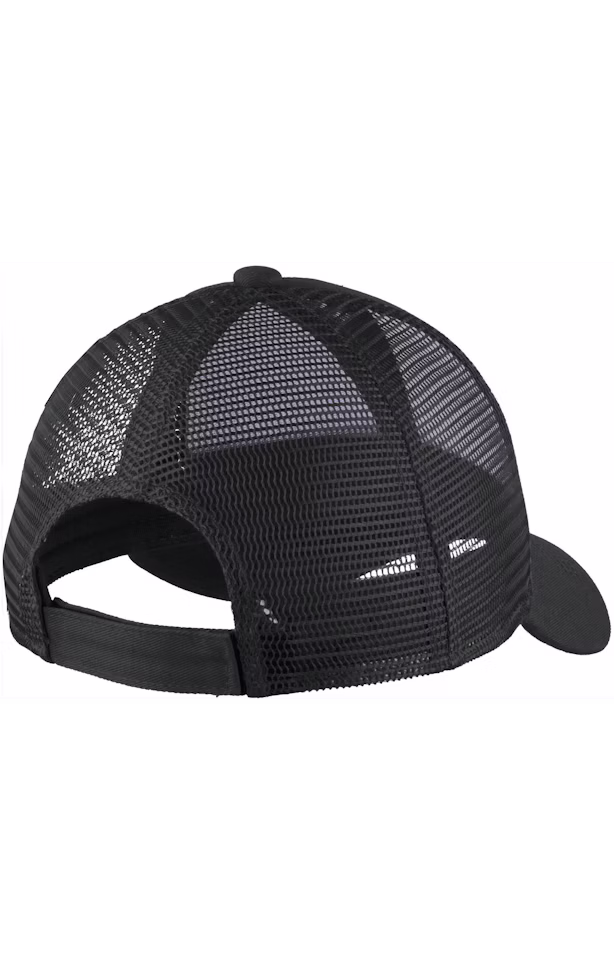 Black trucker hat from behind with mesh and adjustable snap closure