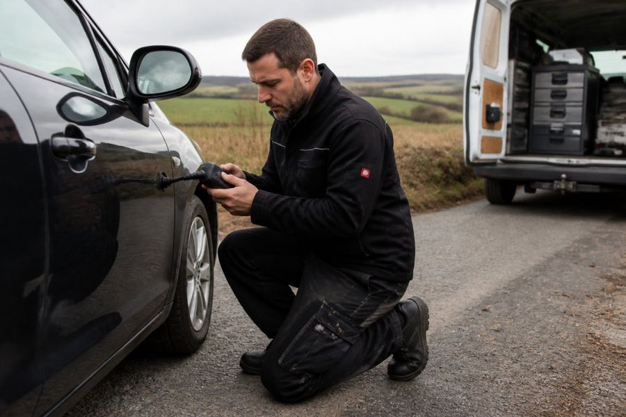 A professional auto locksmith in branded workwear kneeling beside a modern car, using a key programming tool at a roadside location in rural England