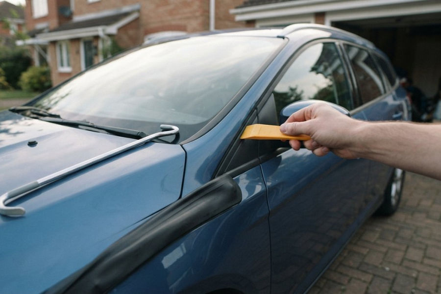 Plastic wedge and long reach tool used to open locked car door in a residential driveway