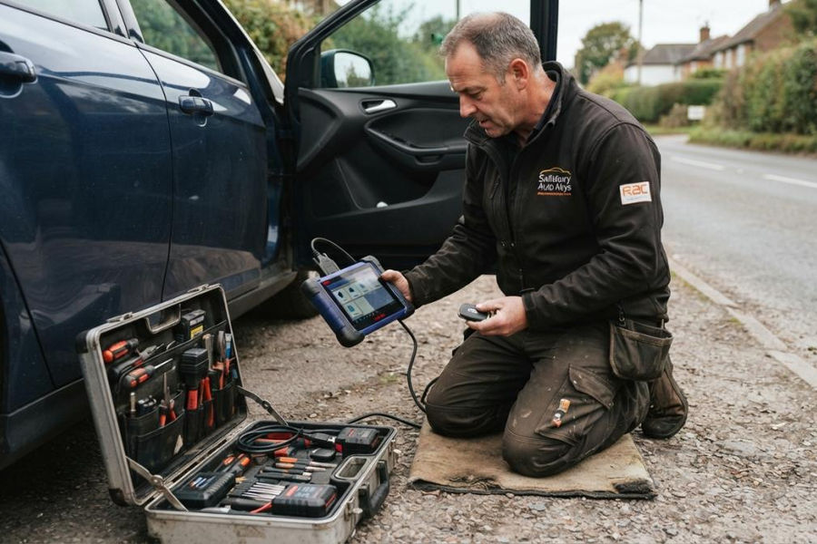 Mobile auto locksmith using a diagnostic tool for car key replacement at the roadside