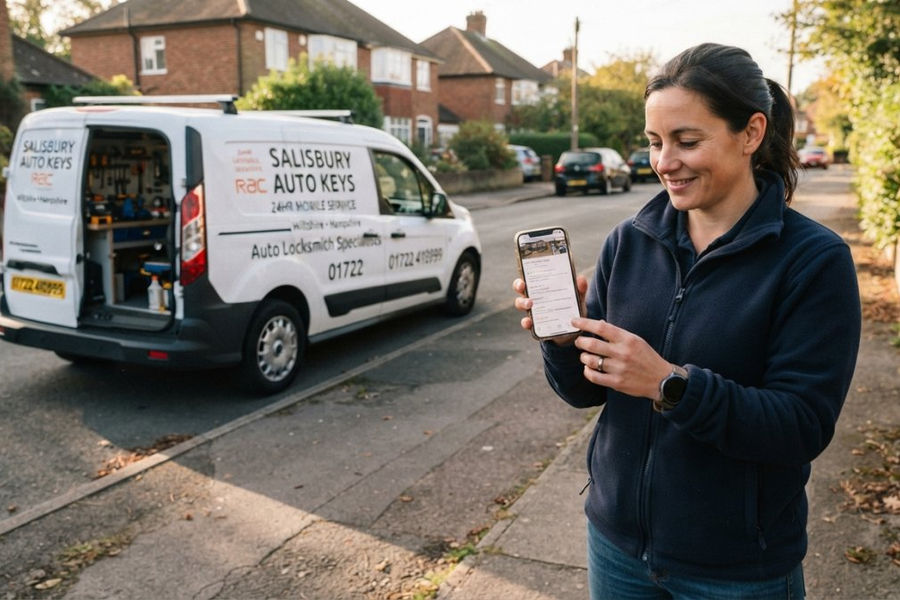 A person standing on a residential pavement holding a smartphone showing a five-star review page, with a white locksmith's van parked behind them in soft afternoon light
