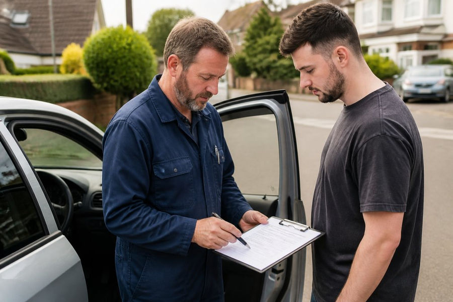 An auto locksmith in work clothes showing a customer a printed insurance certificate on a clipboard beside a car with the driver's door open, daytime residential street setting