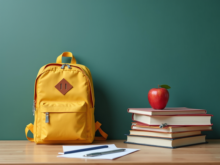 A horizontal banner featuring colorful school supplies, backpacks, and a modern classroom setting for back to school season.