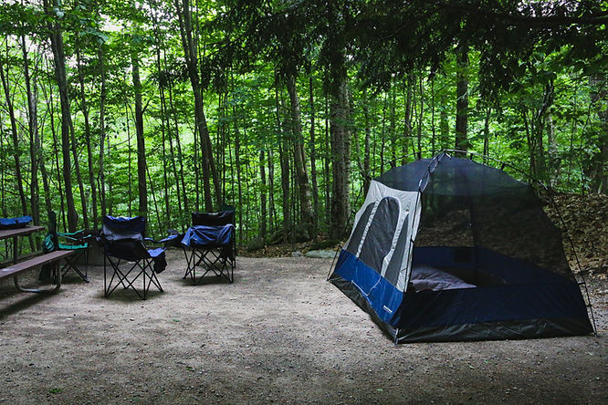 car camping tent and camp chairs in forest