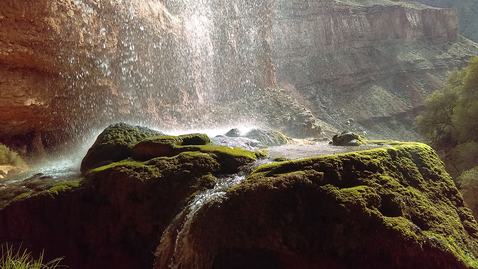 water falling on mossy rocks