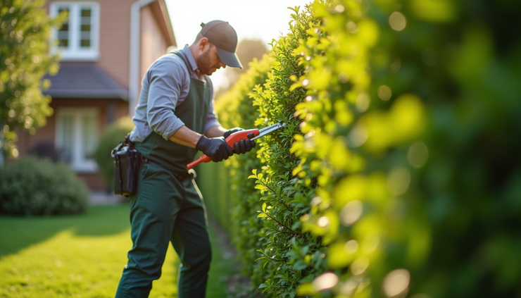Eye-level view of a gardener trimming a lush green hedge in a suburban garden