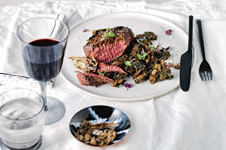 Onglet Steak with Black Garlic Butter and Silverbeets