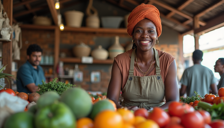 Eye-level view of a woman entrepreneur working on her small business in a local market