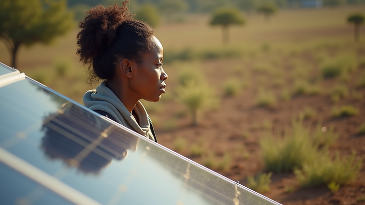 High angle view of a woman managing a small renewable energy project in a rural South African community