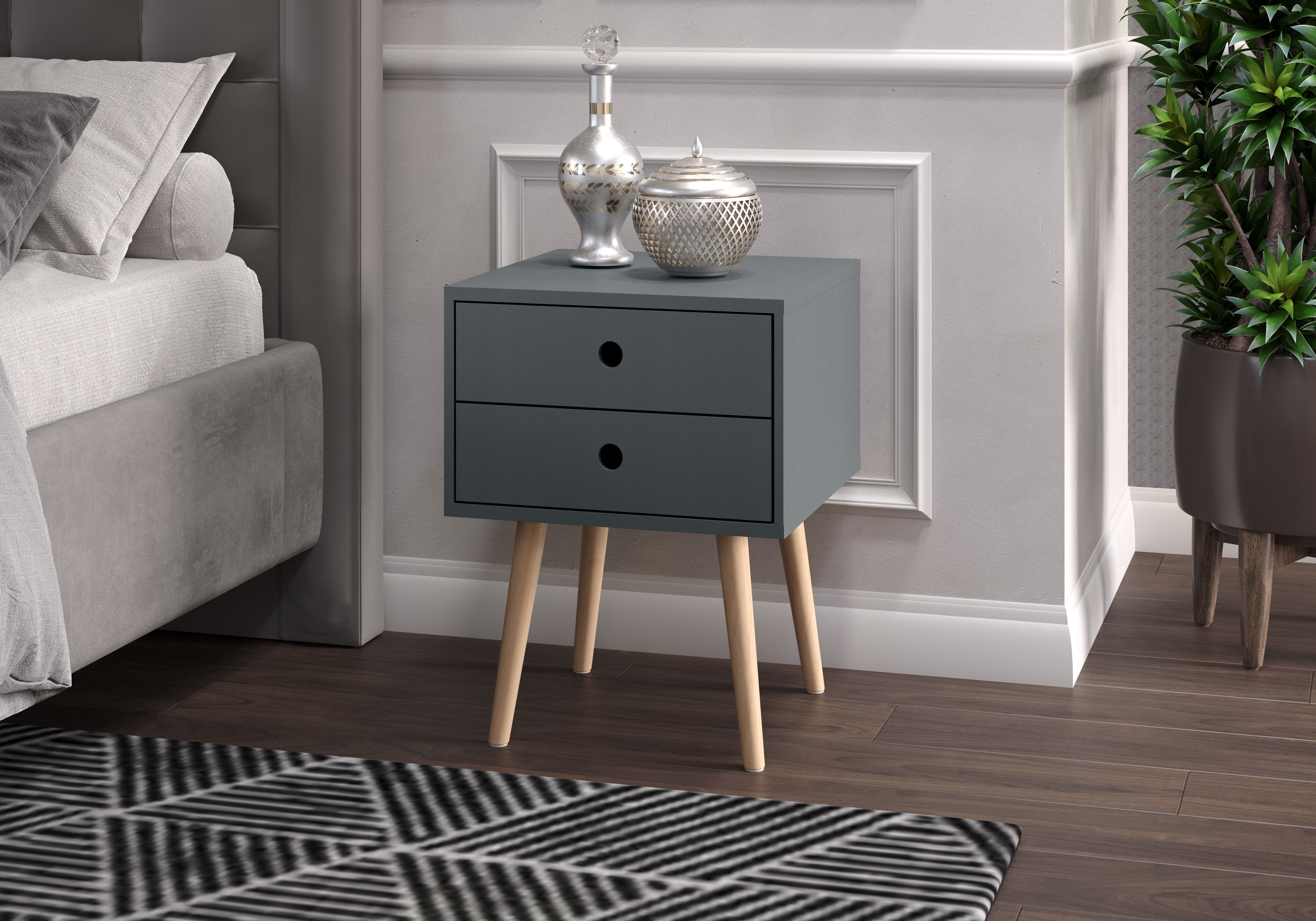 scandia, 2 drawer & wood legs bedside cabinet 