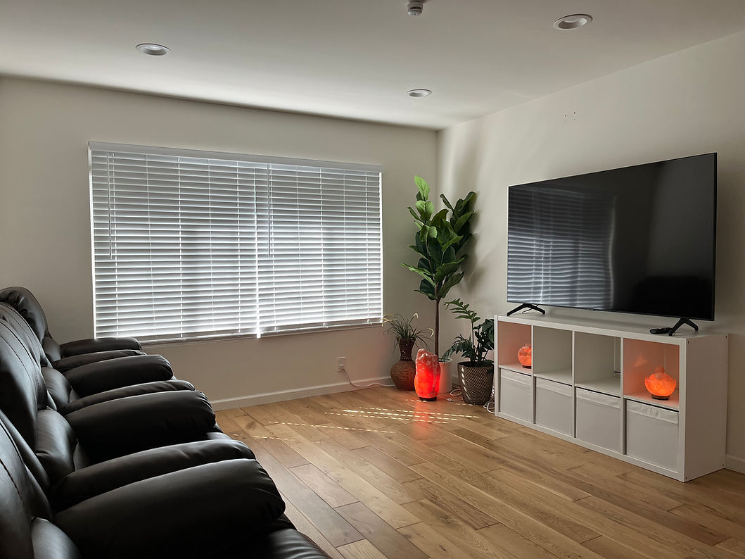 Living room with a large TV and very comfortable leather recliners