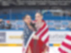 Fox Lane grad Diana Balkovski (right) with teammate Stephanie Sze after competing on the ice at Brno, Czechia.