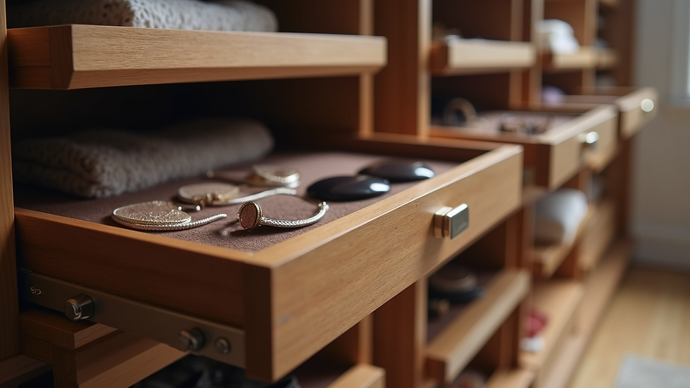 Close-up view of custom closet drawers with velvet lining and organized accessories