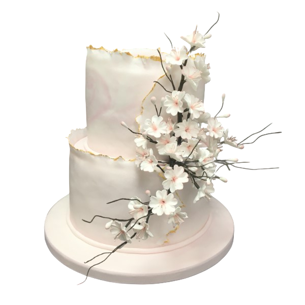 Two-tier wedding cake with sugar paste, cherry blossoms, and gold accents.