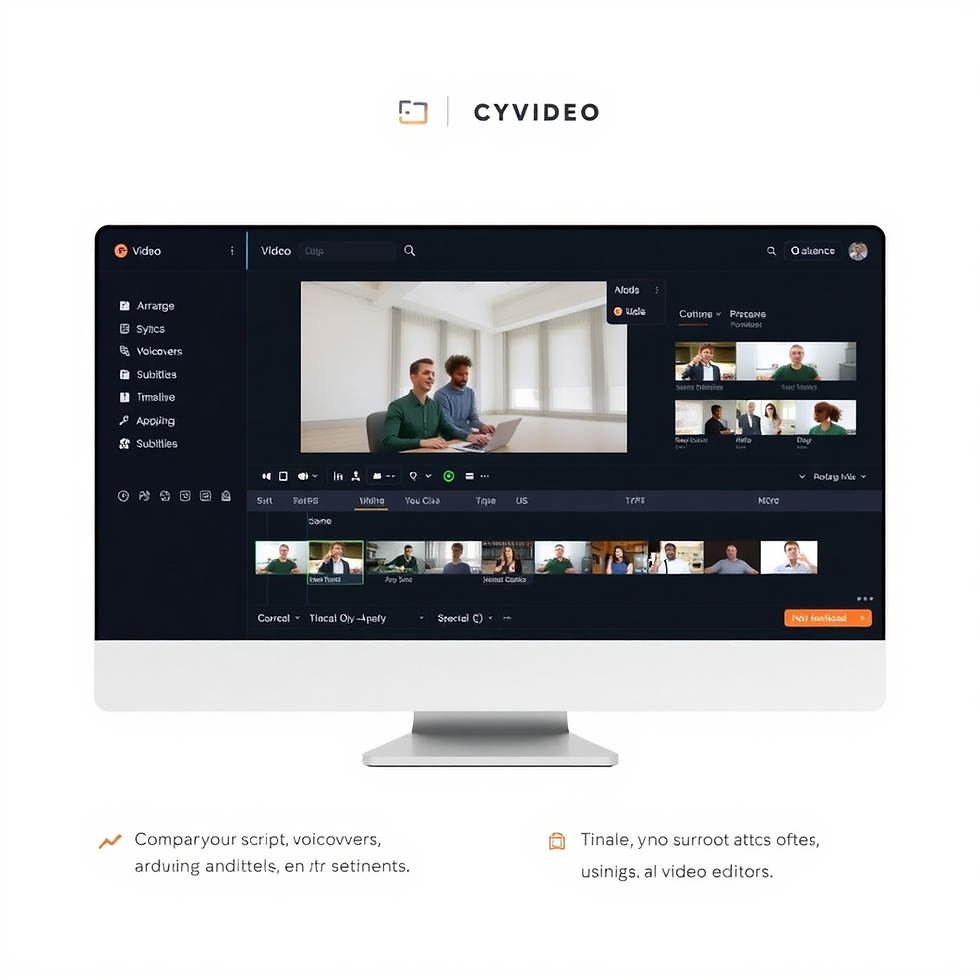 Computer screen displaying a video editing software with multiple clips and timelines open. Background features text and a CYVIDEO logo.