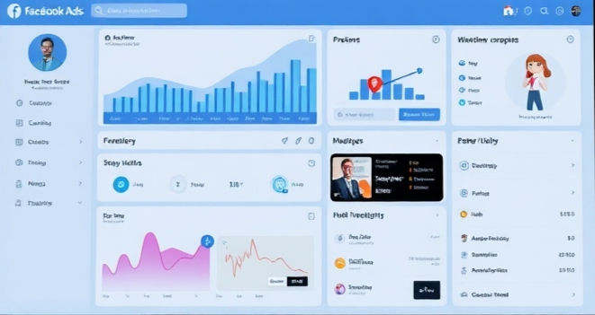 Dashboard interface with blue theme, showing graphs, charts, and widgets. Profile picture and text for "Facebook Ads" visible. Clean layout.