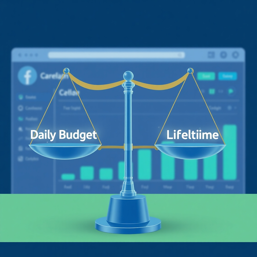 A digital scale balances "Daily Budget" and "Lifetiime" against a blue background with bar graphs, suggesting financial comparison.