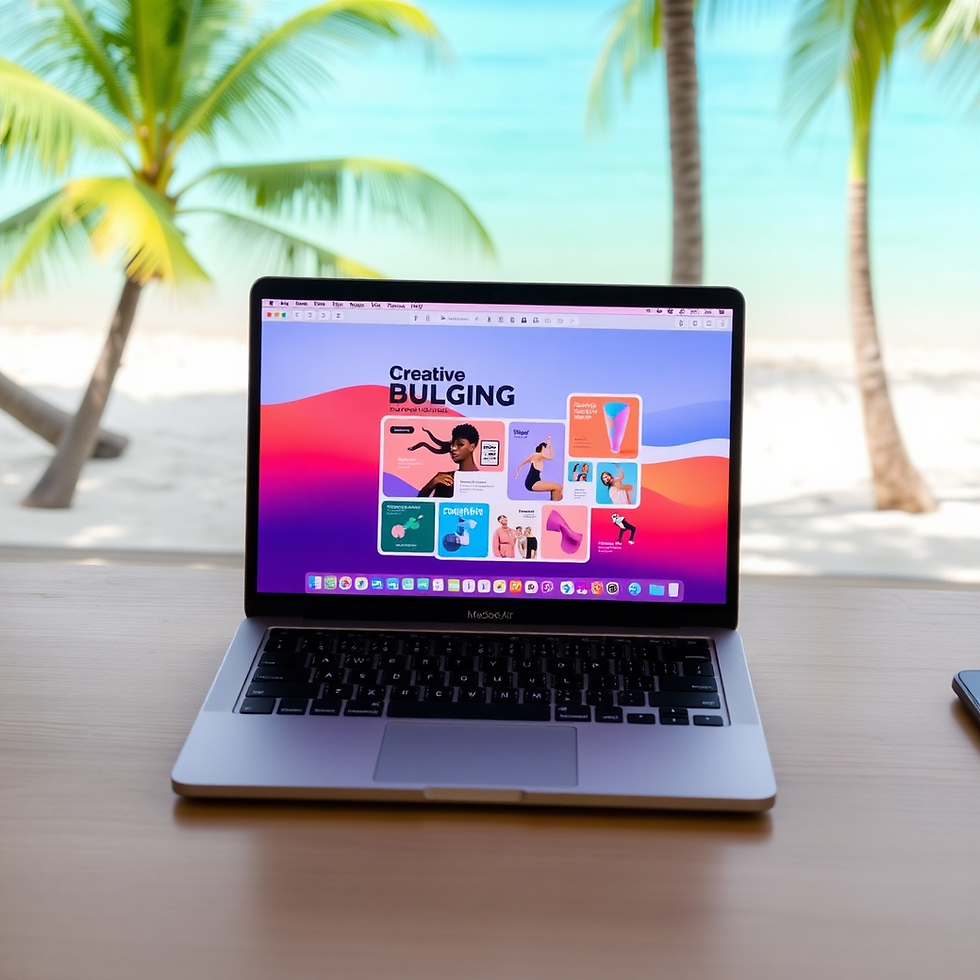 Laptop on a beach desk shows "Creative Bulging" graphics on screen. Palm trees and ocean in background. Bright, tropical vibe.
