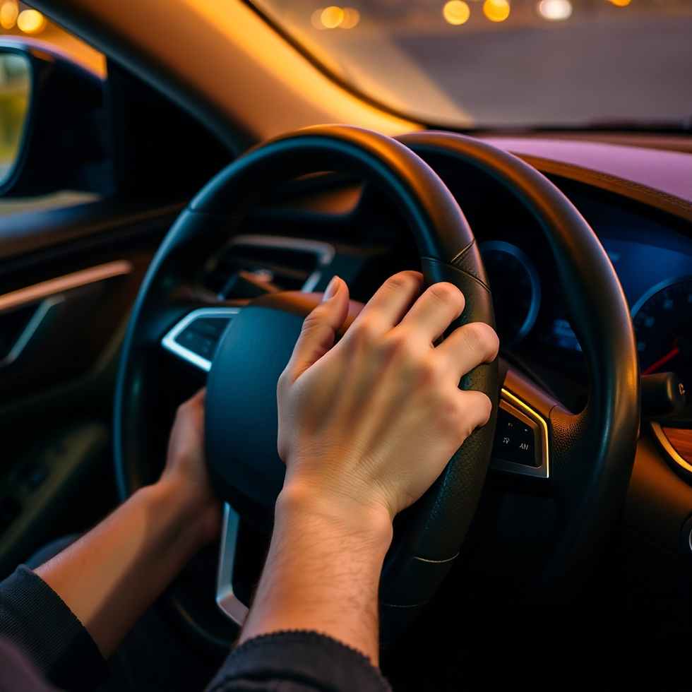 Hands gripping a car steering wheel in a dimly-lit interior at night. Dashboard displays and blurred streetlights create a tense mood.