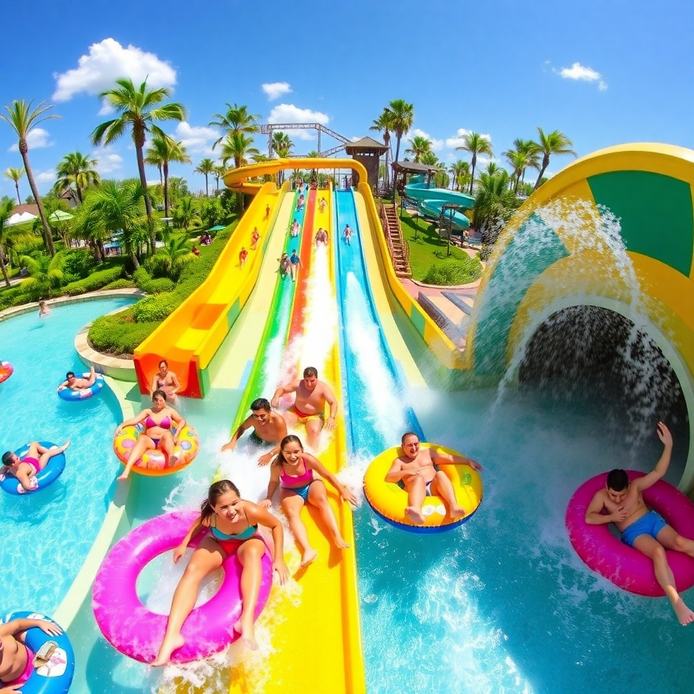 People enjoy colorful water slides in a sunny resort, surrounded by palm trees. Vibrant tubes and splashing water create a lively atmosphere.