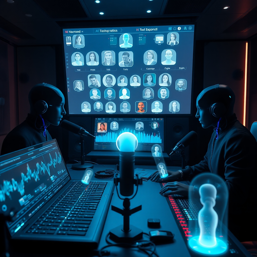 Two figures in a dark room with glowing computers engage in a video call. Blue holographic elements and graphs surround them, creating a futuristic vibe.