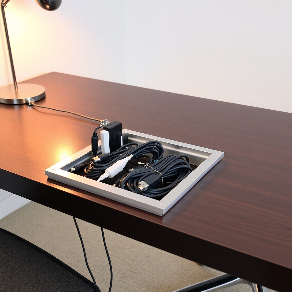 Desk with dark wood finish, a lamp, and an organized cable management box holding various cords and adapters. Neat and tidy workspace.