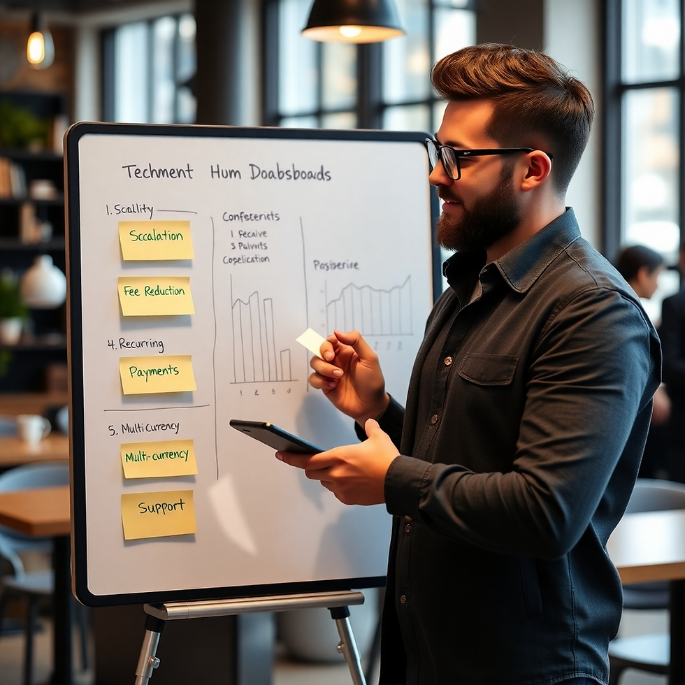 Man presenting with a tablet in hand, standing by a whiteboard displaying charts and sticky notes in an office setting with warm lighting.