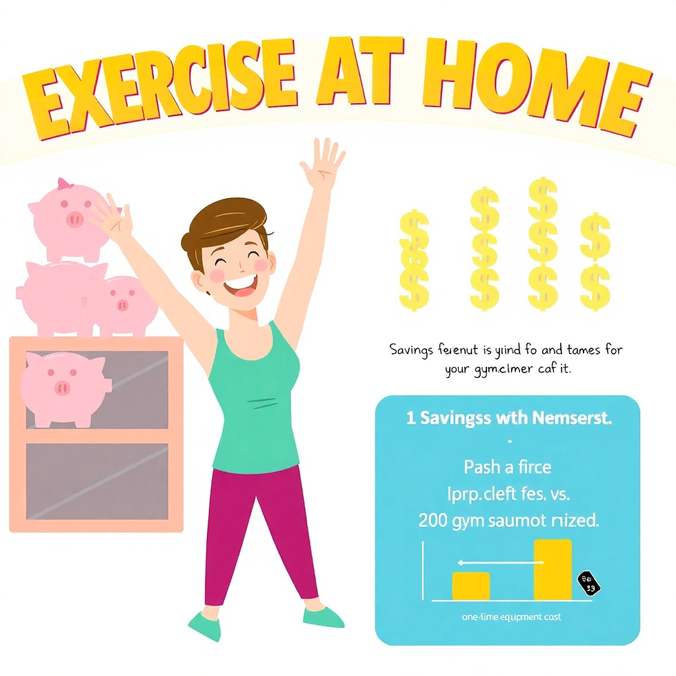 Smiling person in workout gear, arms raised, stands by piggy banks. "Exercise at Home" text above. Chart and symbols suggest savings.