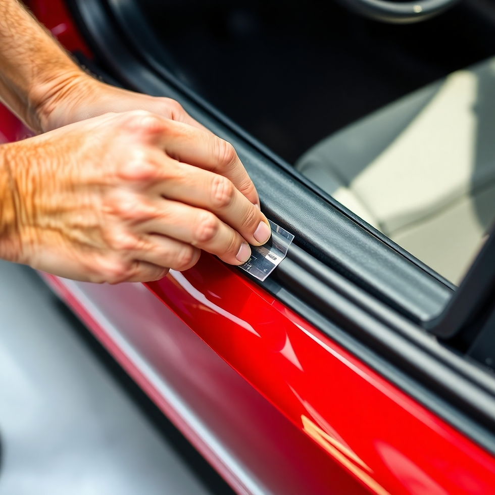 Hands applying a protective film to a red car door. The action is precise and focused, with the car's sleek interior partially visible.