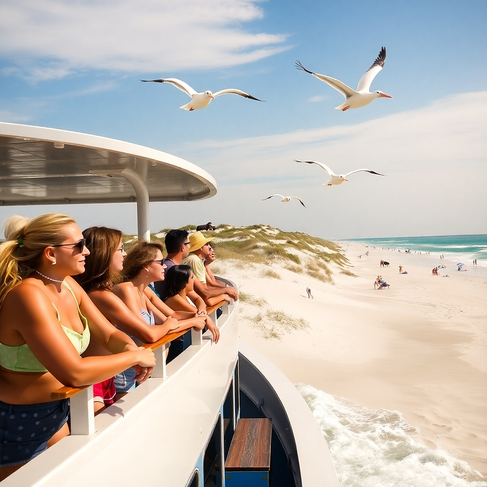 People on a boat watch seagulls flying over a sunny beach with white sand dunes and blue ocean. The mood is relaxed and joyful.