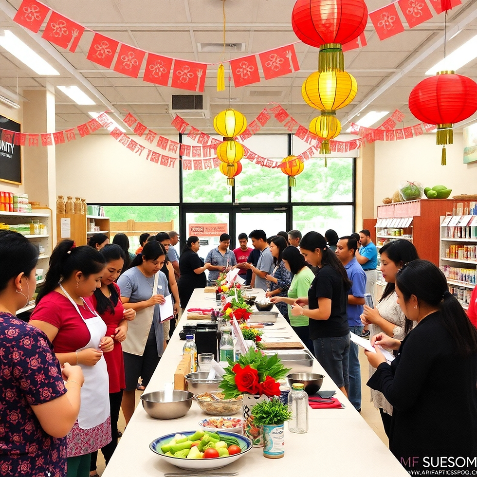 People in a cooking class gather around a table with ingredients. Red and yellow lanterns hang above. Mood is focused and collaborative.