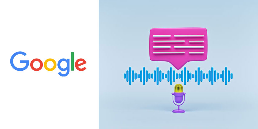 Google logo on left, with a 3D purple speech bubble, blue sound waves, and a purple microphone on right, set against a light blue background.