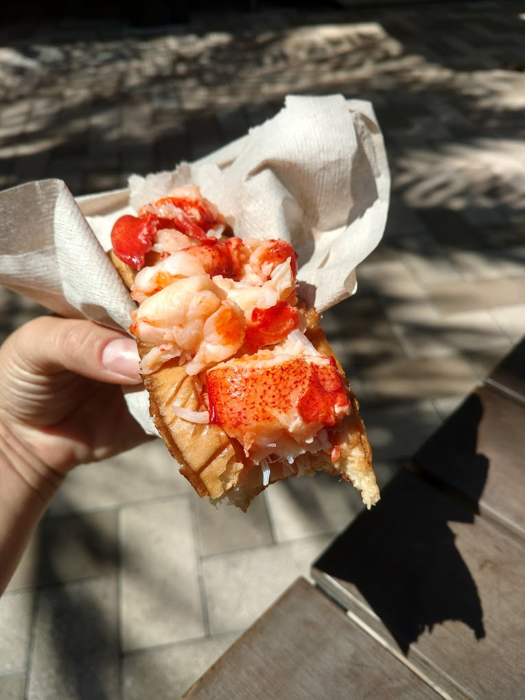 Hand holding a lobster roll with bright red and white meat, wrapped in a napkin. Sunlit background with dappled shadows on pavement.