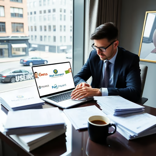 Man in a suit works at a desk with a laptop displaying logos. Stacks of papers and a coffee cup are present. Urban view outside the window.