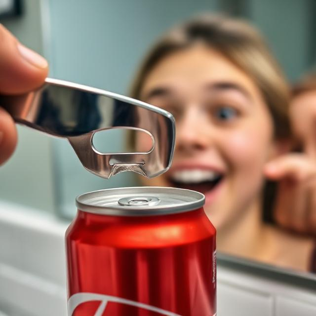 Hand uses a can opener on a red soda can. A person in the background looks surprised and excited. Blurred bathroom setting.