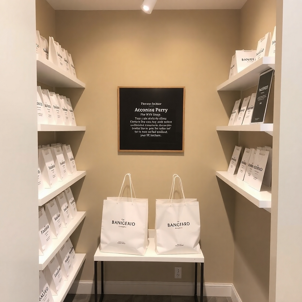 Small room with white shelves holding white bags. A framed sign with text on the beige wall. Two large bags on a table below. Bright, tidy space.