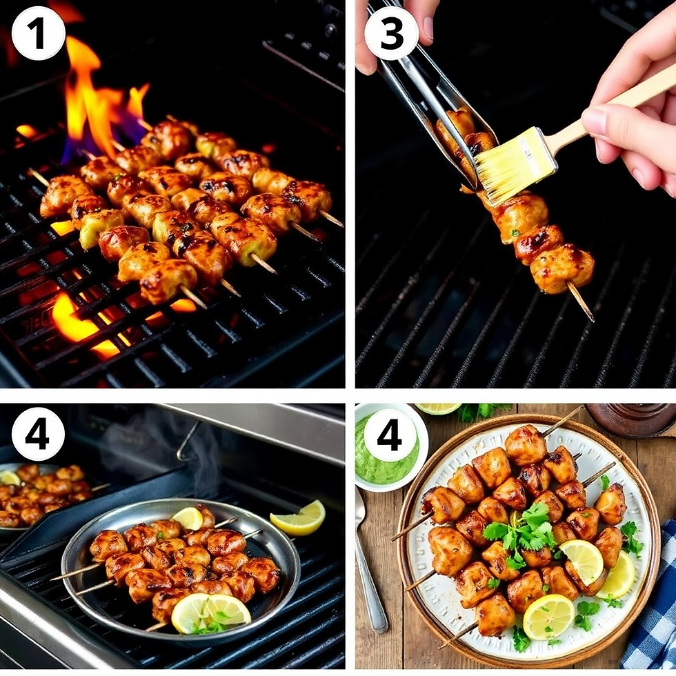 Grilled chicken skewers on a BBQ, brushed with sauce. Served on a plate with lemon and herbs. Labeled steps 1, 3, 4.