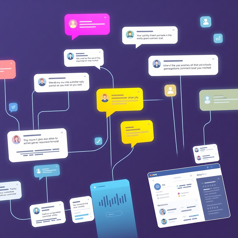 Colorful chat bubbles connected by lines on a dark background, featuring various icons and text, creating a dynamic conversation map.